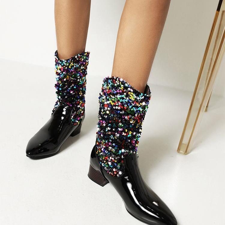 Women fashion colorful sequin pointed toe chunky heel mid calf boots