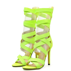 Women peep toe criss cross strap hollow back zipper stiletto heels