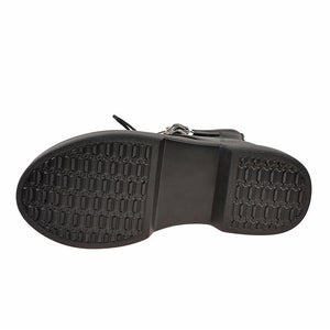 Women studded buckle strap lace up short black boots