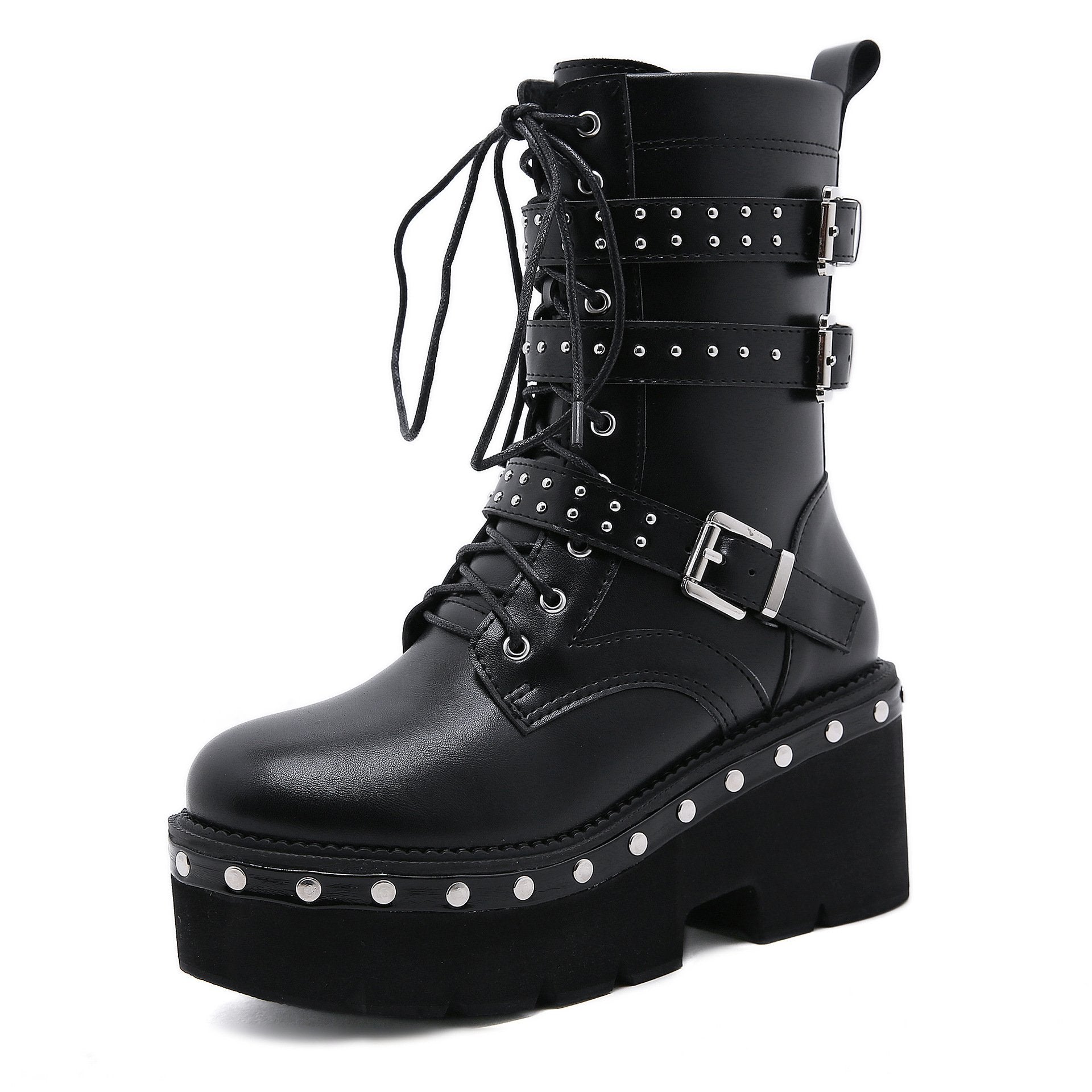 Women motorcycle studded lace up buckle strap black platform boots