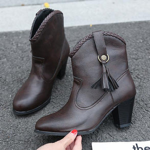 Women fringe short slip on chunky heel boots