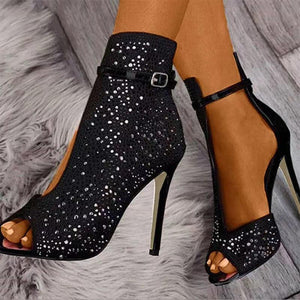 Women peep toe ankle strap black rhinestone  stiletto high heels booties