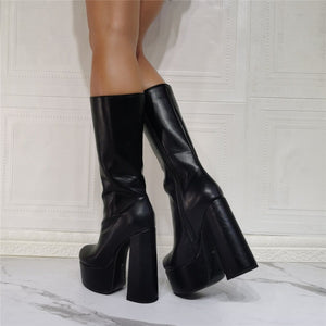 Women fashion black chunky heel platform mid calf boots