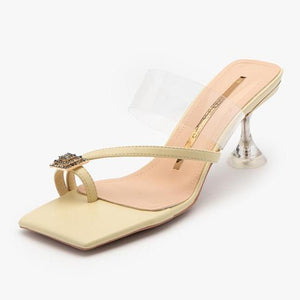 Women rhinestone ring toe clear strap slip on chunky heels