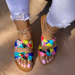 Women two strap colorful bowknot slide flat sandals