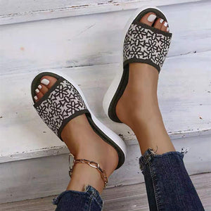 Women summer knit strap slipper peep toe slide sandals