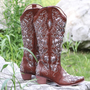 Women rhinestone chunky heel slip on knee high boots