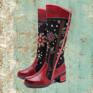 Women retro embroidered flower chunk heel knee high boots