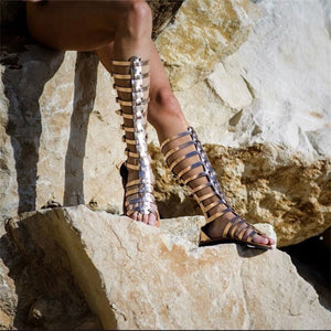 Women's peep toe knee high gladiator sandals | Retro flat strappy sandals