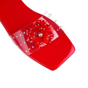 Women flower rhinestone clear strap square toe slide sandals