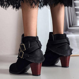Women buckle straps back zipper chunky heeled boots
