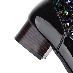 Women fashion colorful sequin pointed toe chunky heel mid calf boots