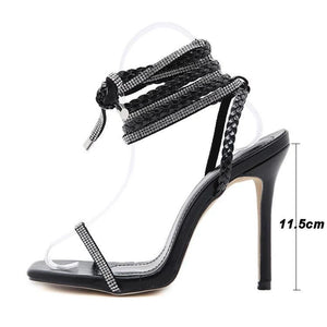 Women peep toe stiletto rhinestone strappy lace up heels