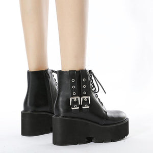 Women motorcycle platform lace up side zipper short black boots