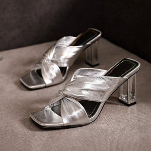 Women square peep toe bowknot slip on clear chunky heels