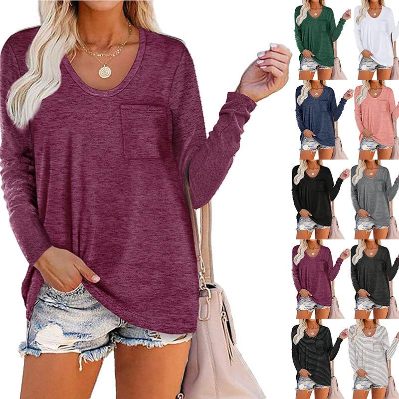 Women solid color crew neck long sleeve tops with pocket