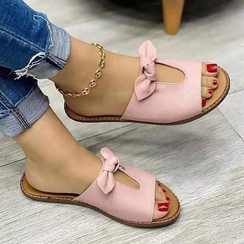 Women bow peep toe summer flat slide sandals