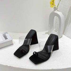 Women rhinestone square toe clear strap slide chunky heels