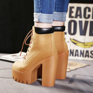 Women prom high chunky platform lace up short heeled boots