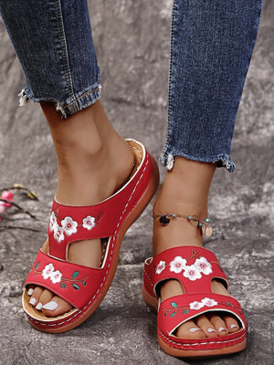 Women embroidered flower peep toe hollow slide wedge slides summer slippers