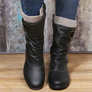 Women low heel slouch back strappy side zipper mid calf boots