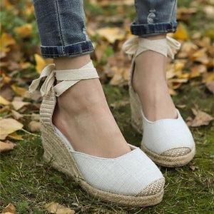 Women round toe lace up espadrille wedge sandals