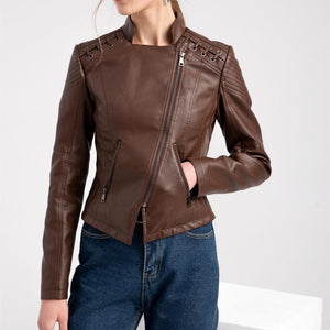 Women biker long sleeve slim fit cropped jacket
