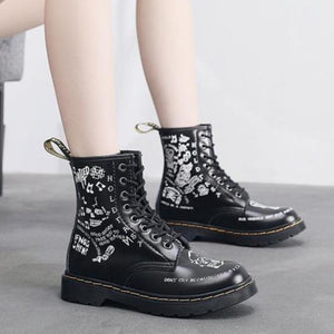 Women letters cartoon printed chunky platform lace up motorcyle boots