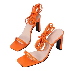 Women open toe chunky neon strappy lace up heels