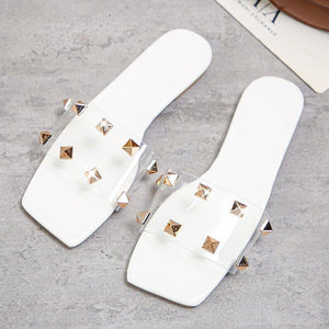 Women summer beach studded clear strap square peep toe slide sandals