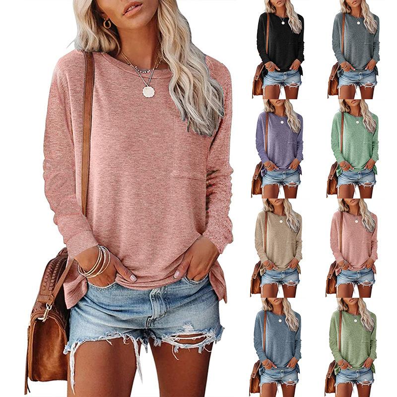 Women casual solid color long sleeve crew neck t shirt with pocket