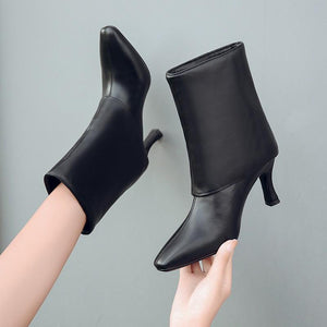 Women stiletto high heel trouser leg short black boots