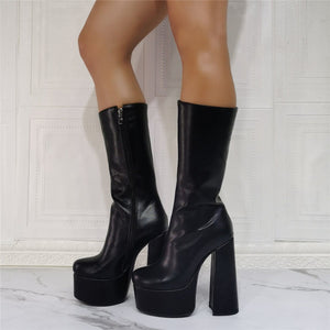 Women fashion black chunky heel platform mid calf boots