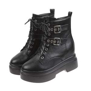 Women studded buckle strap lace up short black boots