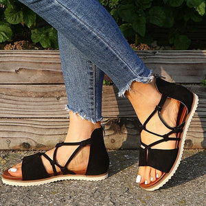 Women peep toe strappy back zipper slip on flat sandals