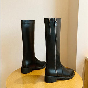 Women knee high chunky heel platform side zipper black boots