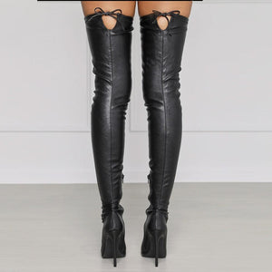 Women pointed toe stiletto heel side zipper back lace up over the knee boots