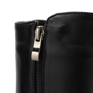 Women knee high side zipper buckle strap solid color motorcycle boots