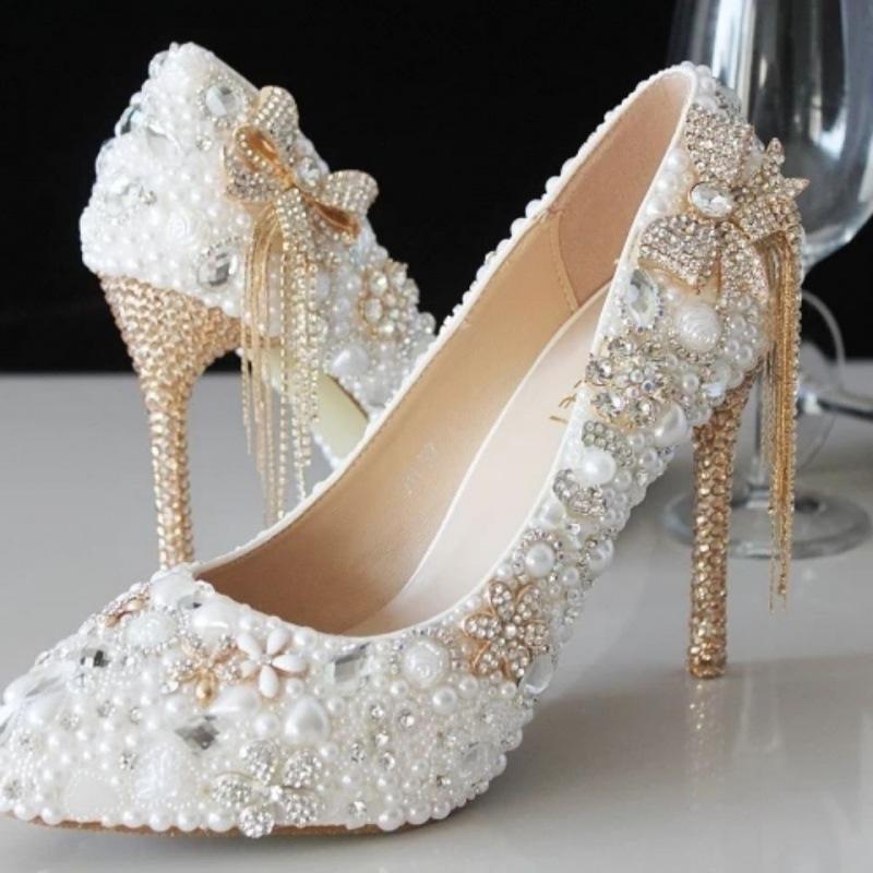 Women white rhinestone bowknot fringe gold stiletto wedding heels