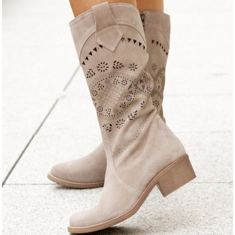 Women flower printed mid calf boots | Side zipper faux suede chunky heel boots