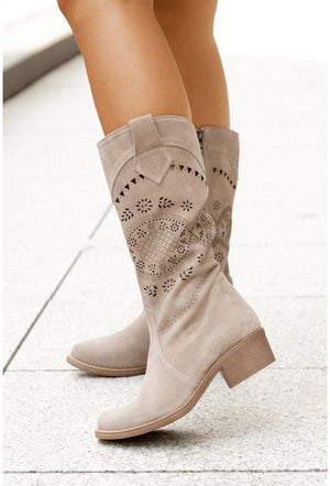 Women flower printed mid calf boots | Side zipper faux suede chunky heel boots