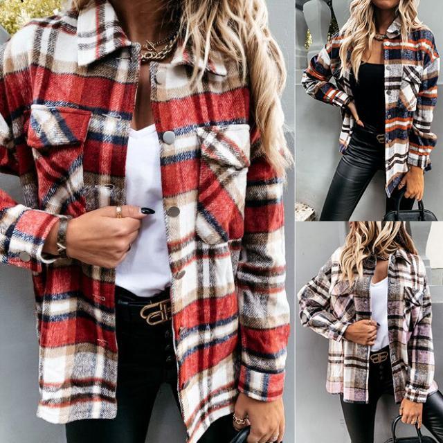 Women retro button fall outerwear long sleeve lightweight plaid coat