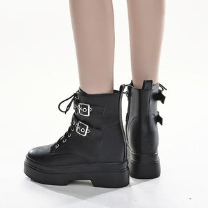 Women studded buckle strap lace up short black boots