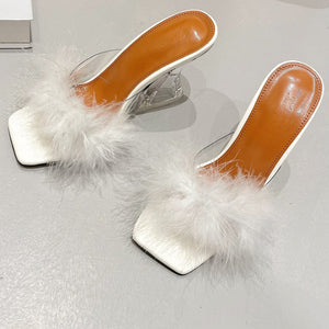 Women fuzzy square toe slide clear chunky heels