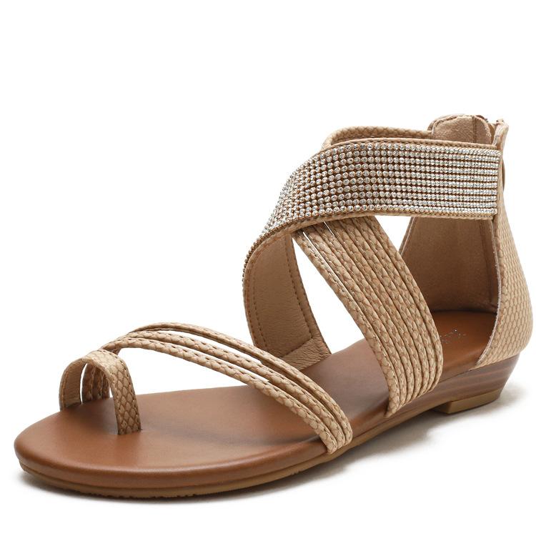Women criss cross strap back 
zipper flat rhinestone sandals