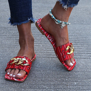 Women square peep toe chain d¨¦cor strap flat slide sandals