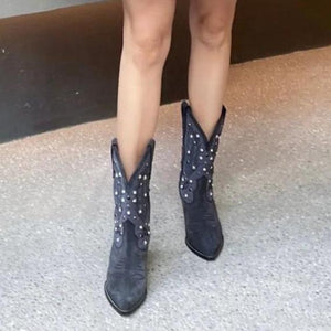 Women mid calf rhinestone embroidered flower chunky heel cowboy boots