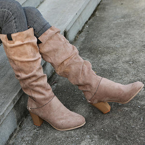 Women fashion chunky heel knee high slouch boots