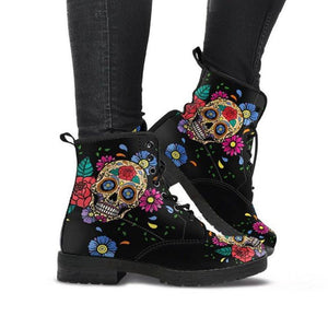 Flower skull short printed lace up womens fashion boots