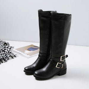 Women knee high side zipper buckle strap solid color motorcycle boots